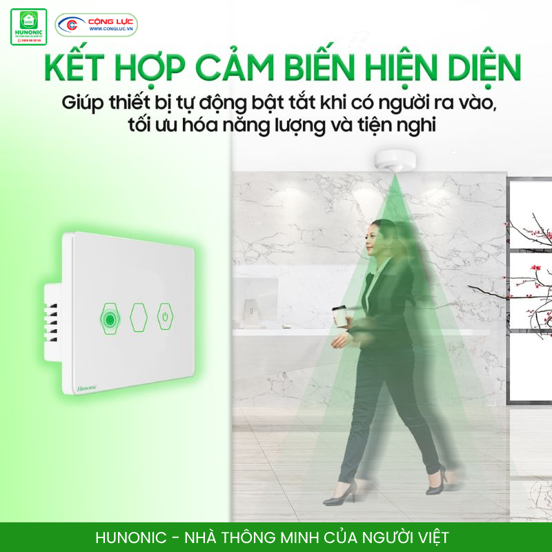 Công tắc cảm ứng 3 nút BLE Hunonic Datic CSL Kết hợp cảm biến hiện diện để tích hợp ngữ cảnh
